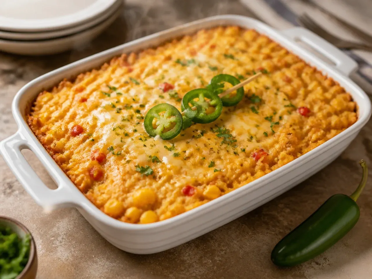 Cheesy pepper jack cornbread casserole with a bubbling, spotted cheese crust