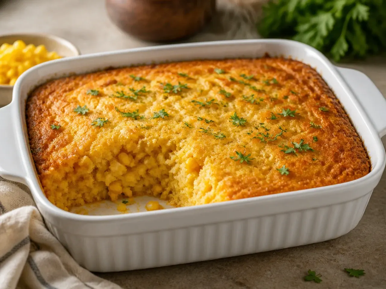 Budget cornbread casserole made with thawed frozen sweetcorn