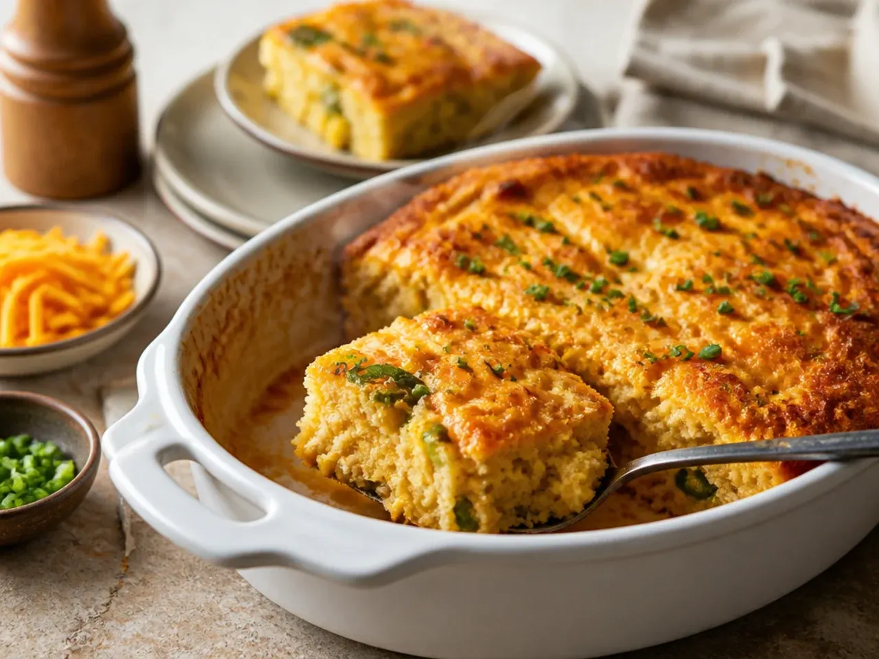 Plated serving of cornbread casserole with a pat of melting butter and a side salad