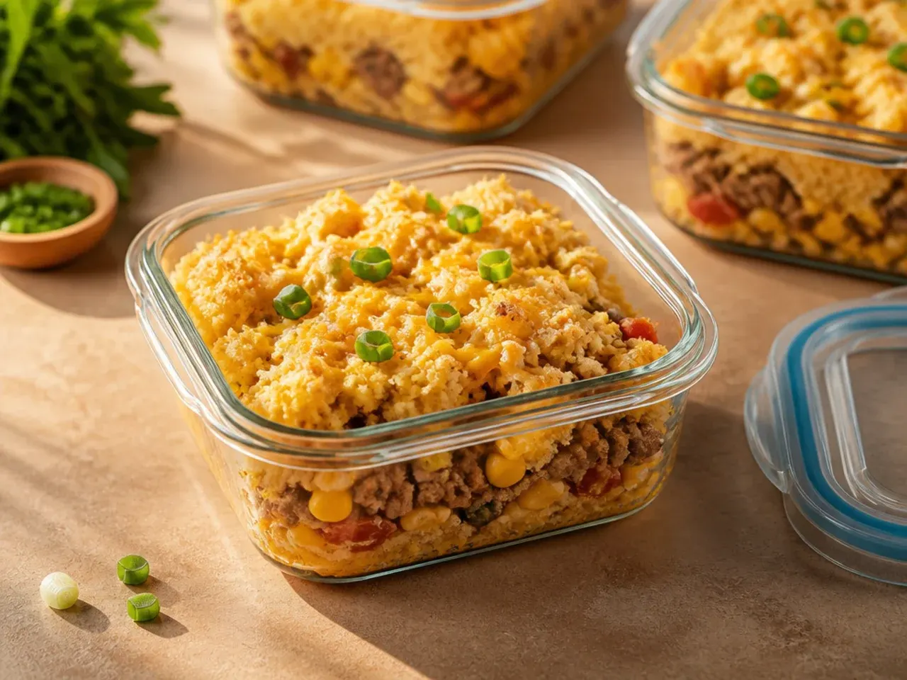 Airtight container of leftover cornbread casserole ready to be refrigerated or frozen