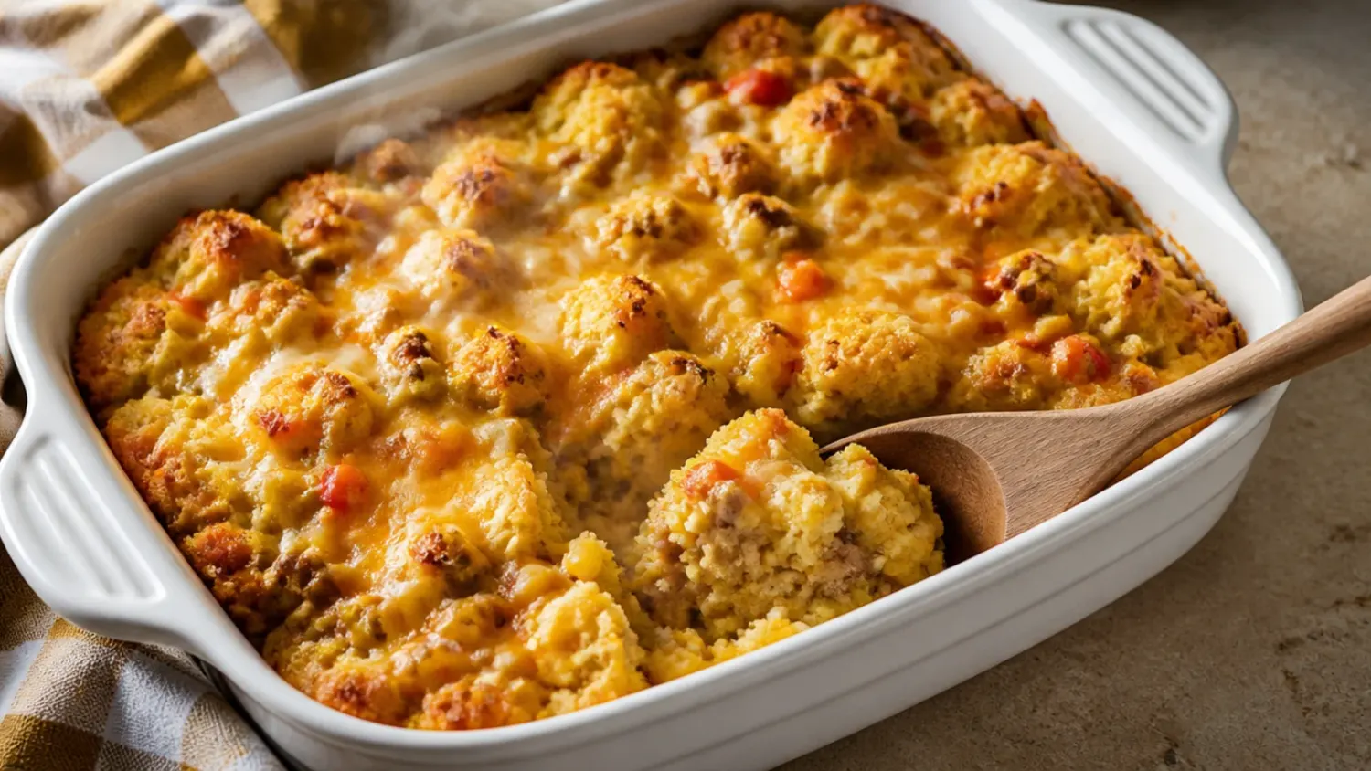 A golden baking dish of cornbread casserole topped with melted cheddar cheese, fresh out of the oven
