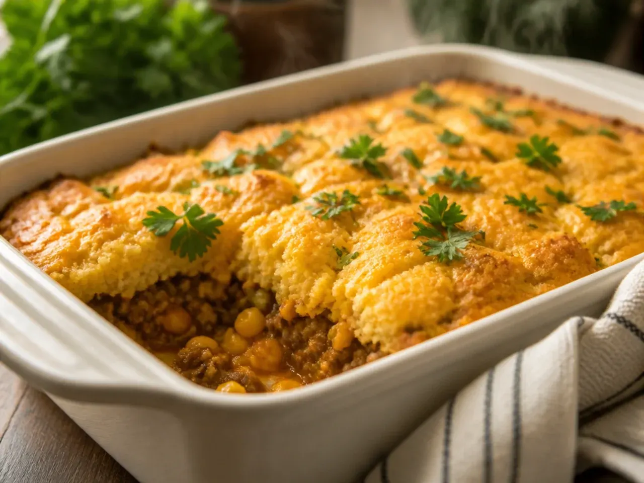 Overhead shot of a creamy cornbread casserole in a white baking dish, golden and bubbling at the edges