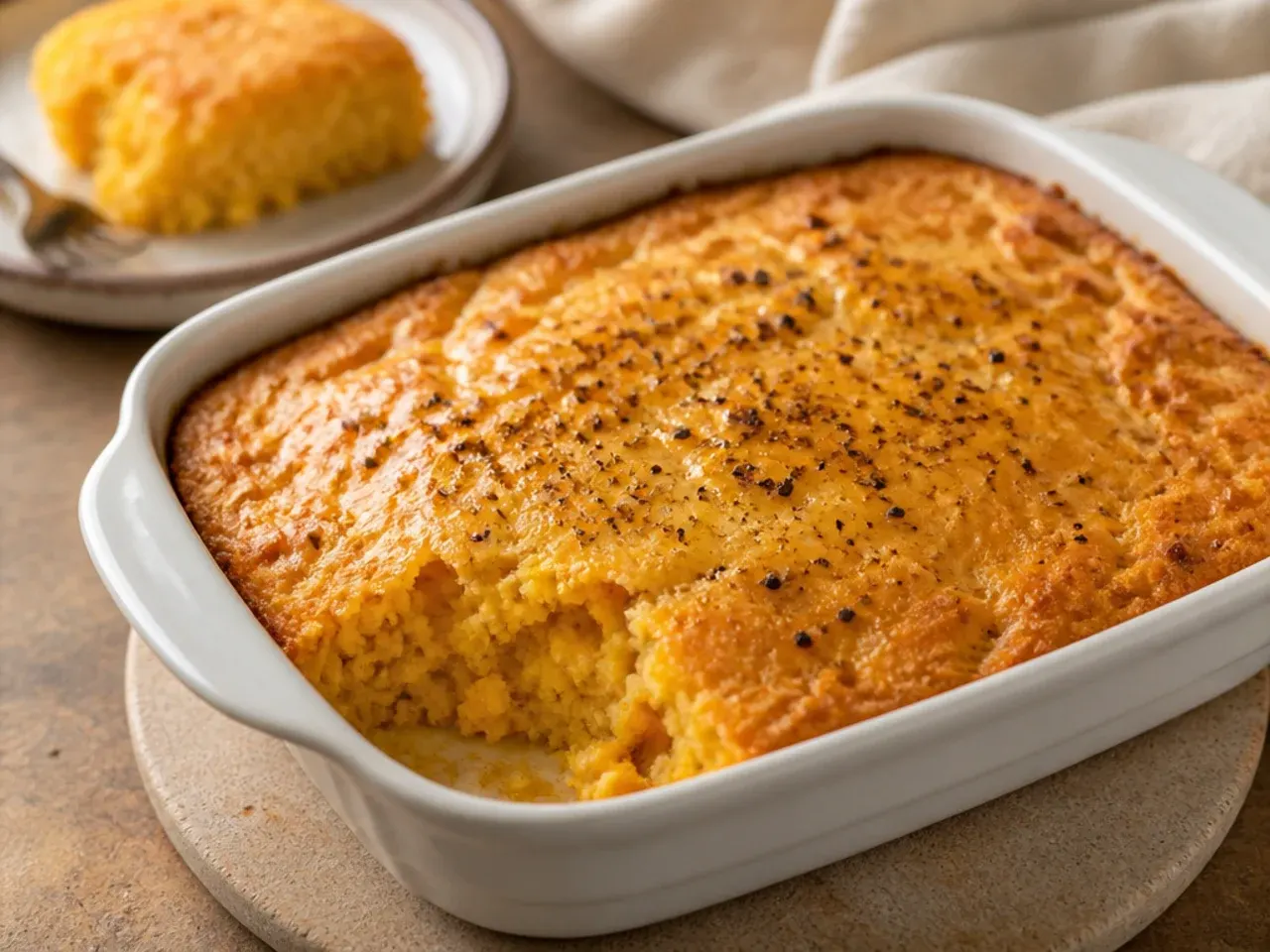 A small square dish of easy five-ingredient cornbread casserole being scooped with a spoon