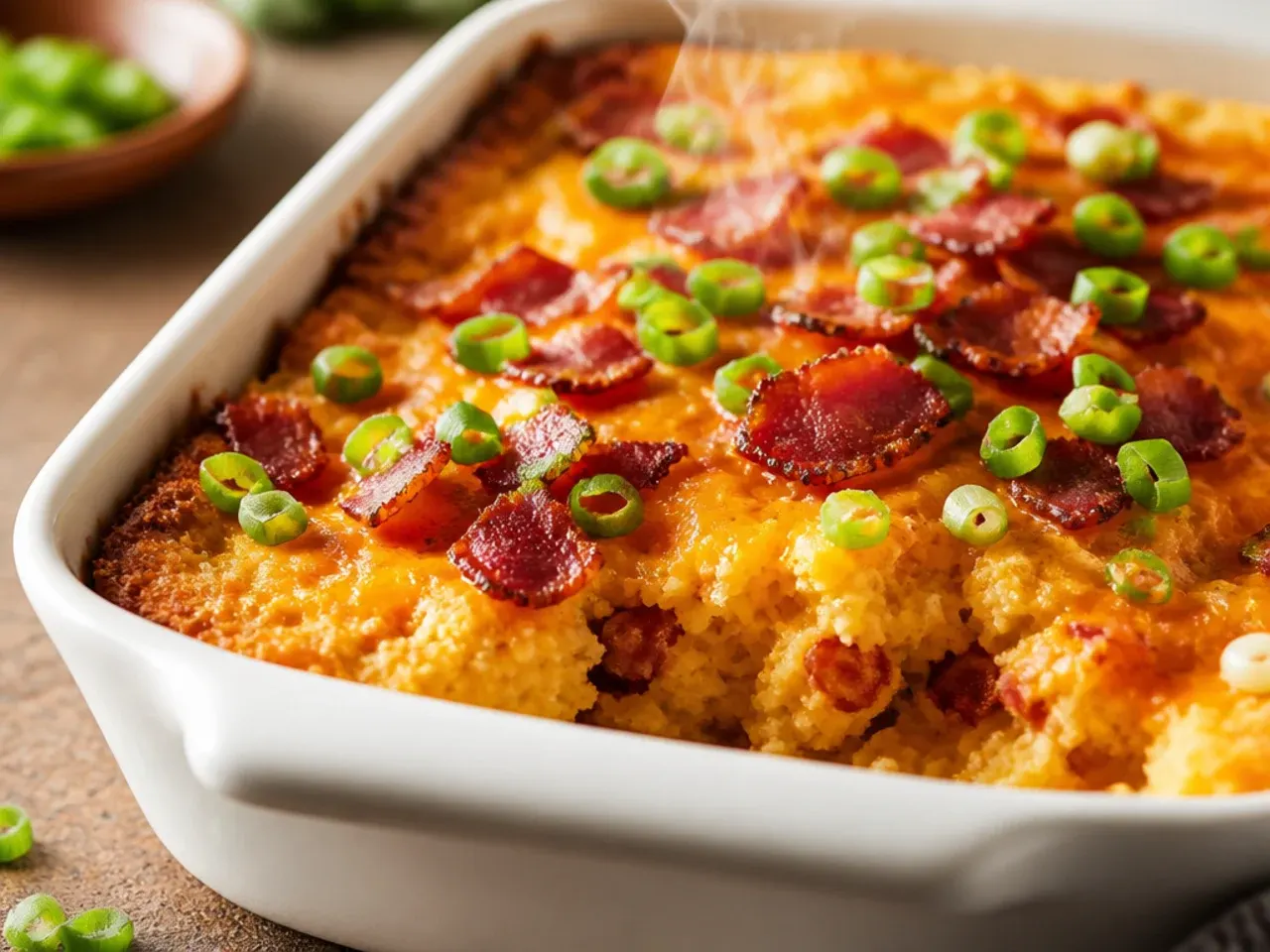 Cornbread casserole topped with crisp bacon pieces and melted cheddar cheese
