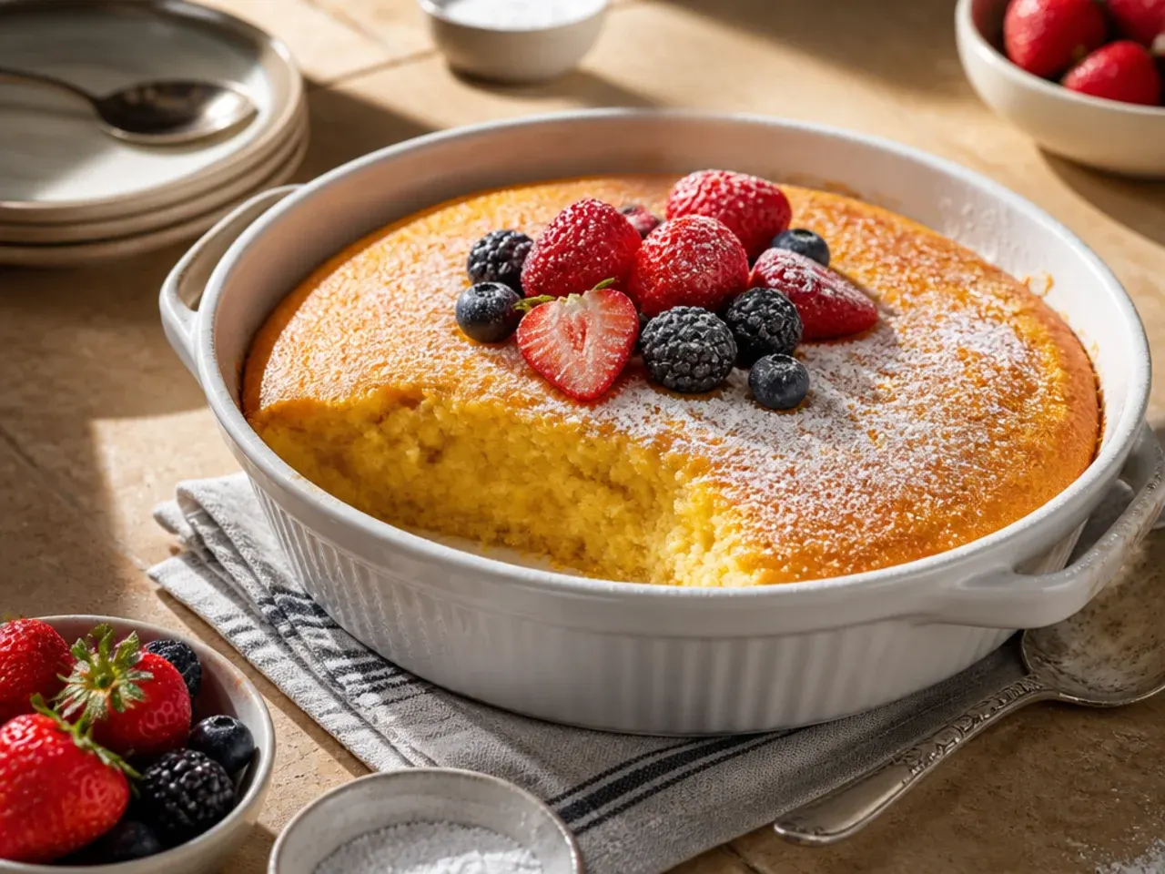 Cut squares of cornbread casserole made with whole sweetcorn kernels visible throughout