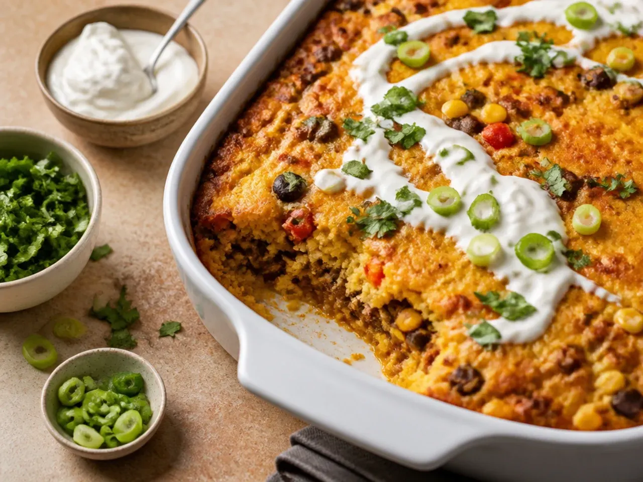 Cross-section of loaded cornbread casserole showing a seasoned beef and bean filling under a golden cornbread top