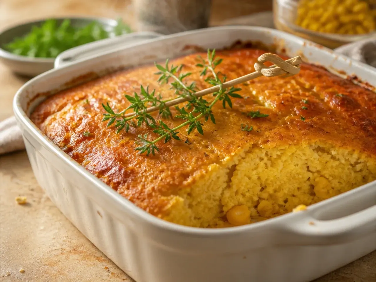 A glossy, honey-drizzled cornbread casserole fresh from the oven with a deep golden top
