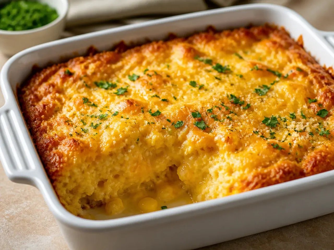 Extra-cheesy cornbread casserole with a bubbling, browned cheese crust on top