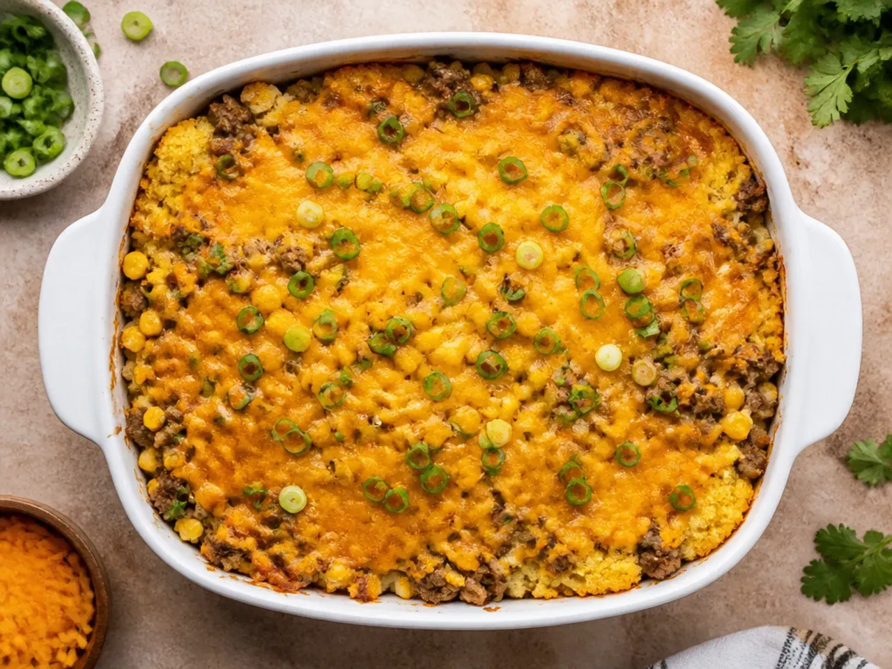 A simple, unadorned tray of budget cornbread casserole cut into squares