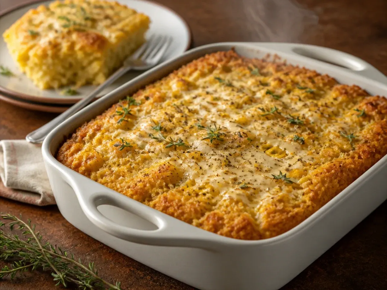 A large tray of cornbread casserole cut into small squares for a buffet table