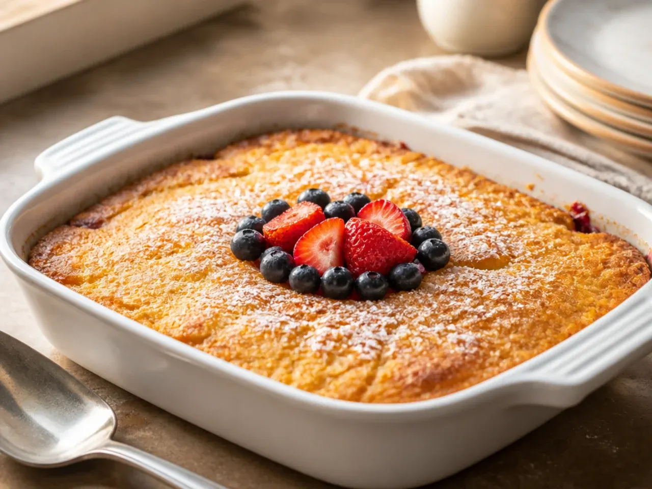 Small bite-sized cubes of mild cornbread casserole on a child's plate