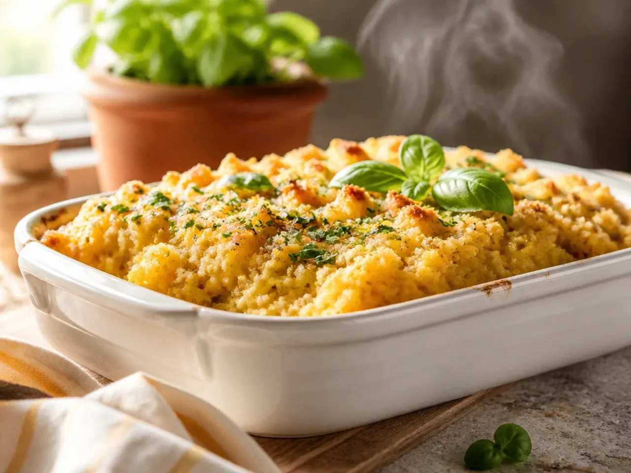 A festive herb-flecked cornbread casserole served at a holiday table beside turkey and cranberry sauce