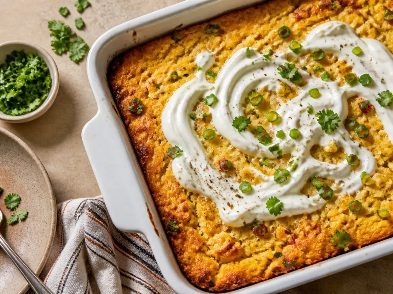 A small dish of quick cornbread casserole being pulled from the oven on a weeknight