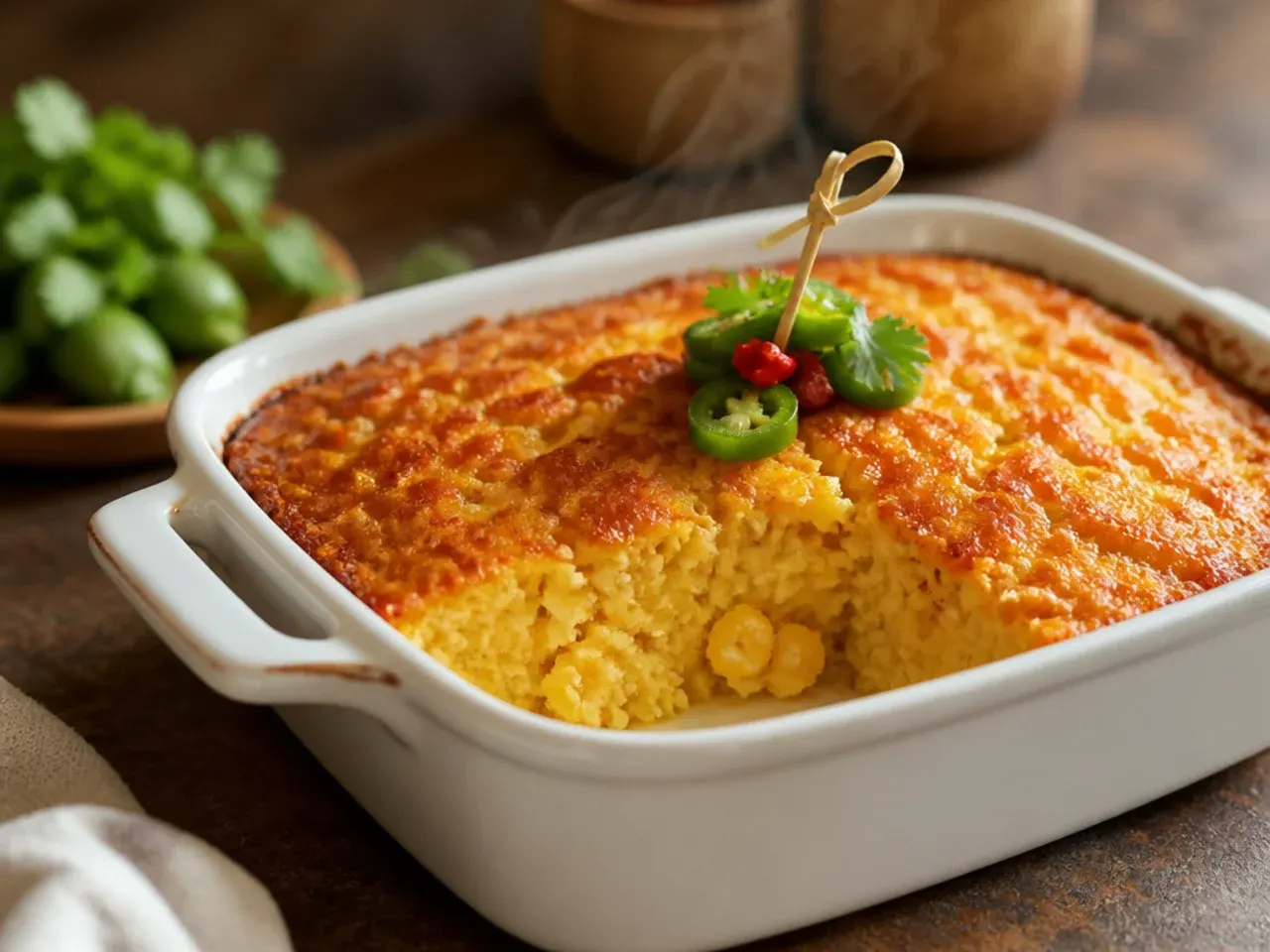 A rustic, coarse-crumbed cornbread casserole made entirely from scratch ingredients