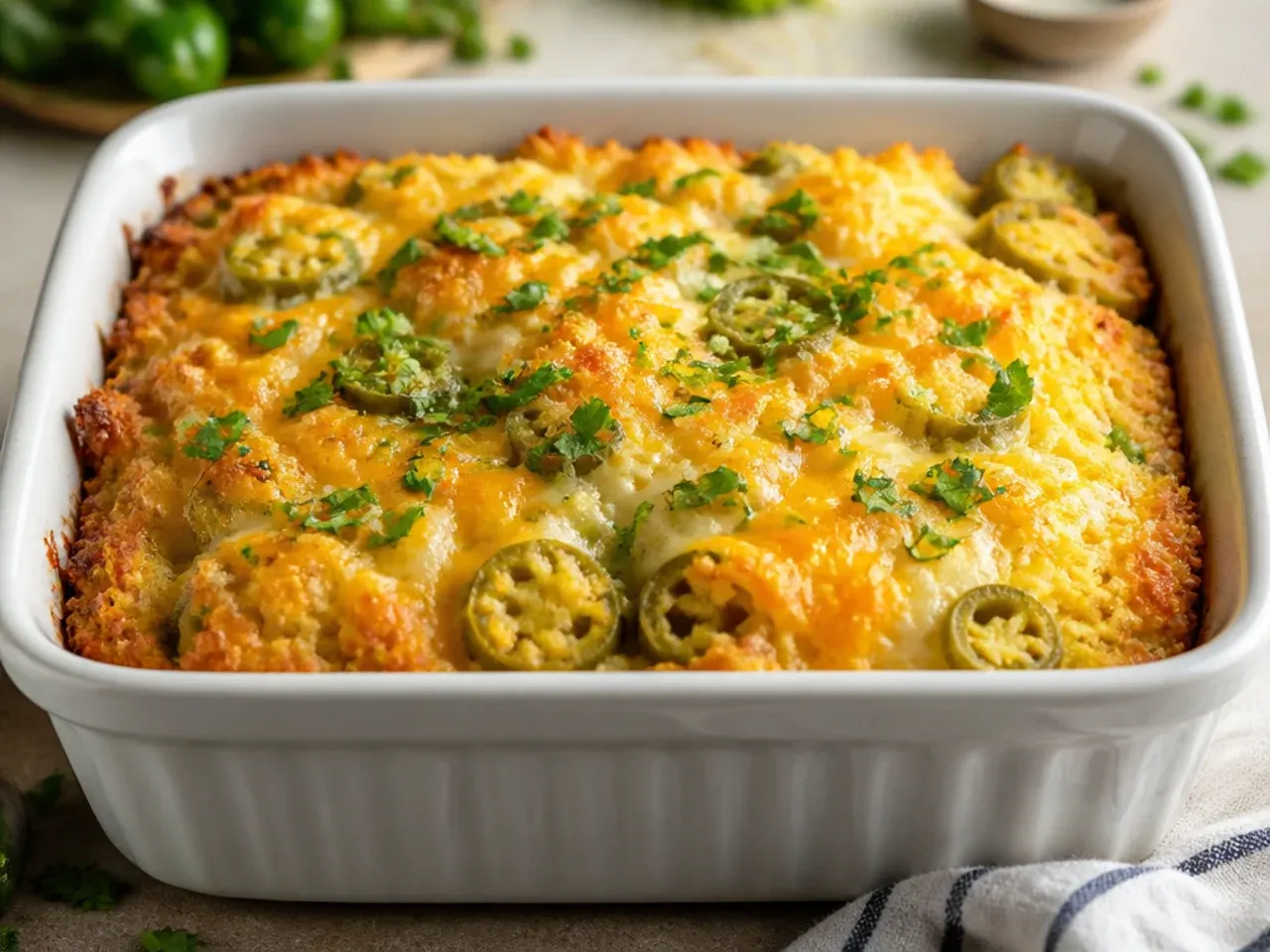 Cornbread casserole topped with sliced jalapeno rings and melted cheese