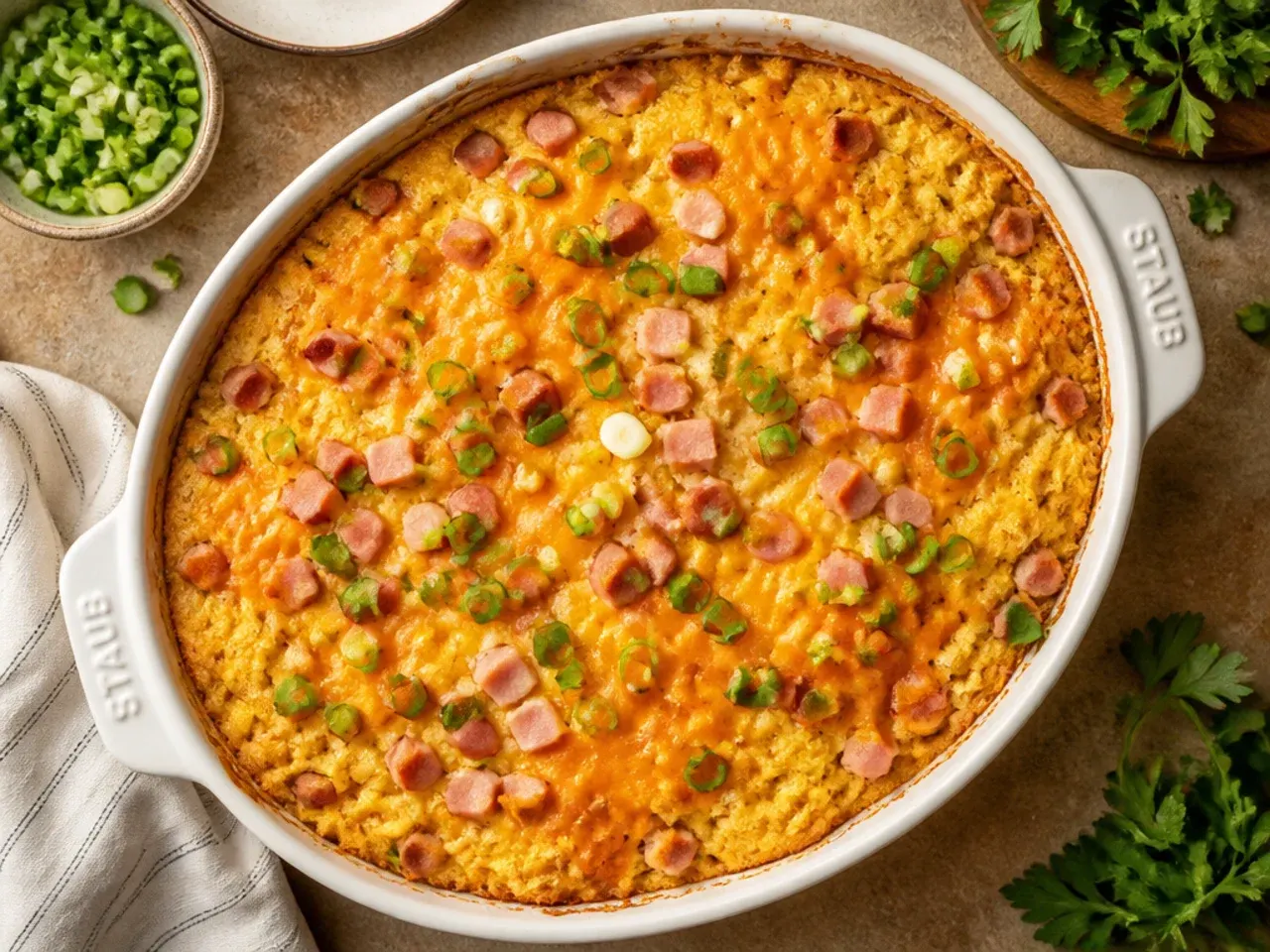 A generous square of ham and cheese cornbread casserole plated with a green salad