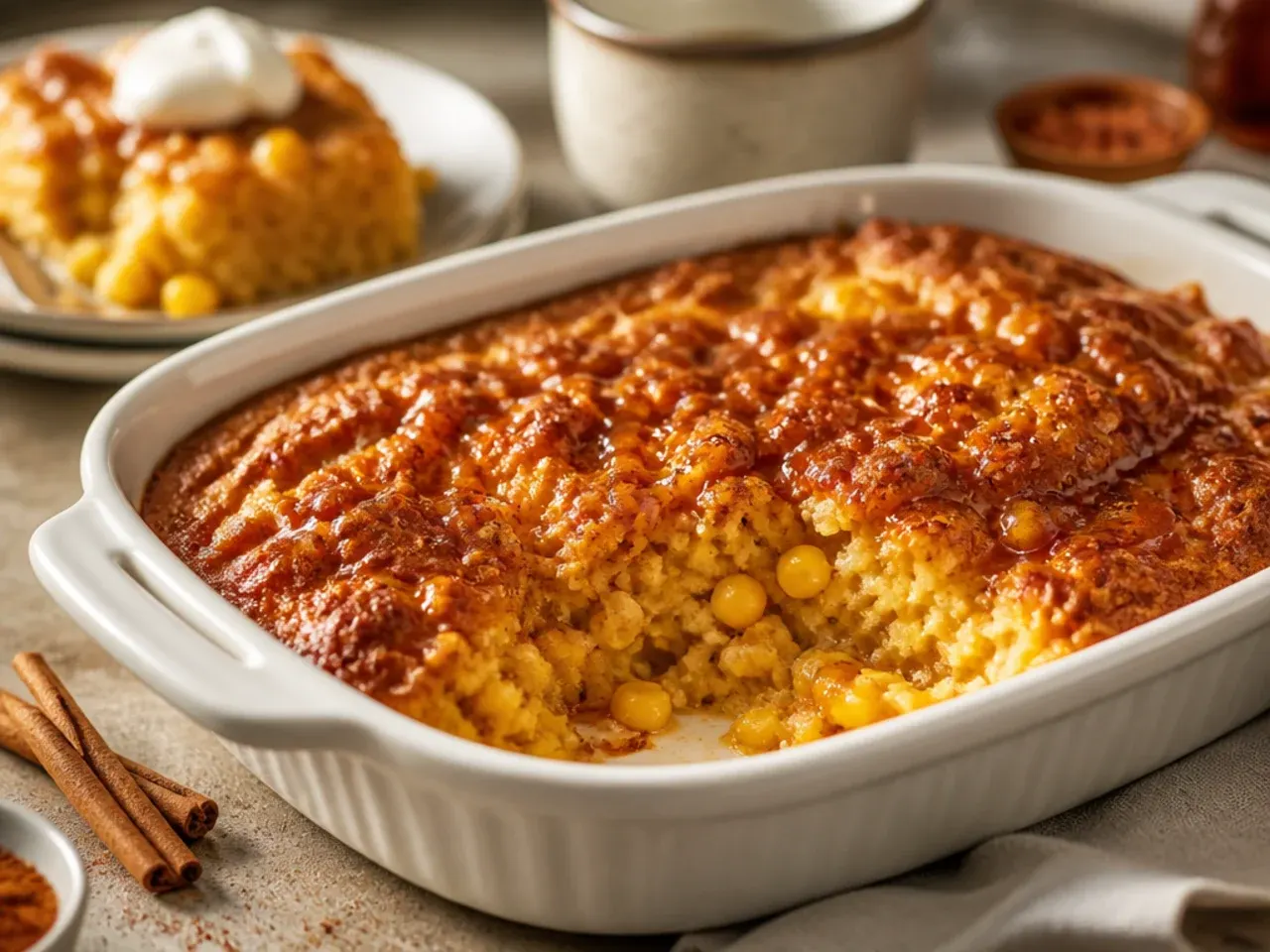 A warm slice of cinnamon-spiced cornbread casserole with a pat of butter melting on top