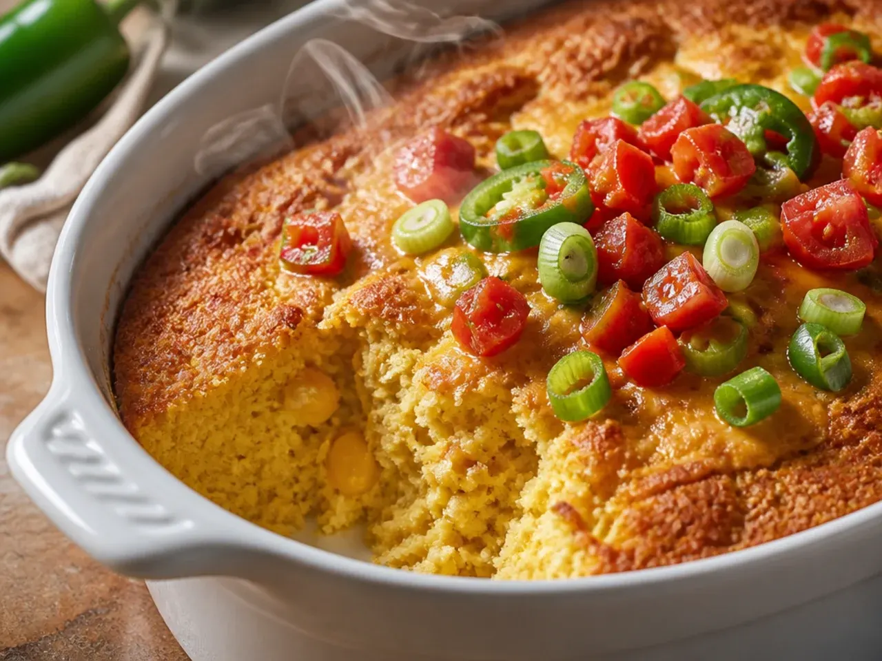 A plain, golden six-ingredient cornbread casserole cooling on a wire rack