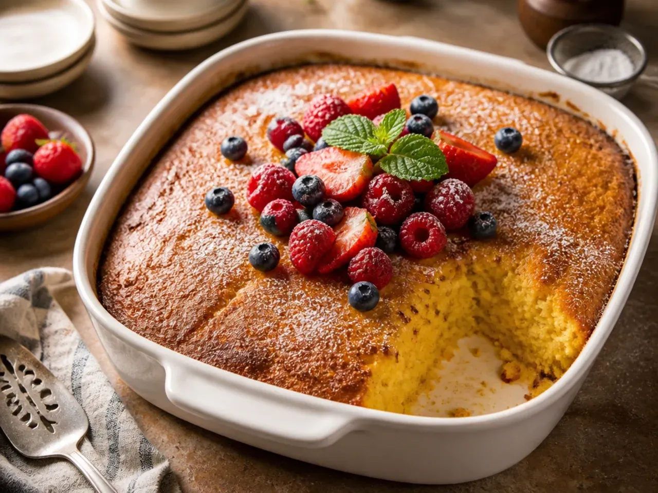 A cornbread casserole with a marbled swirl of creme fraiche baked into the golden top