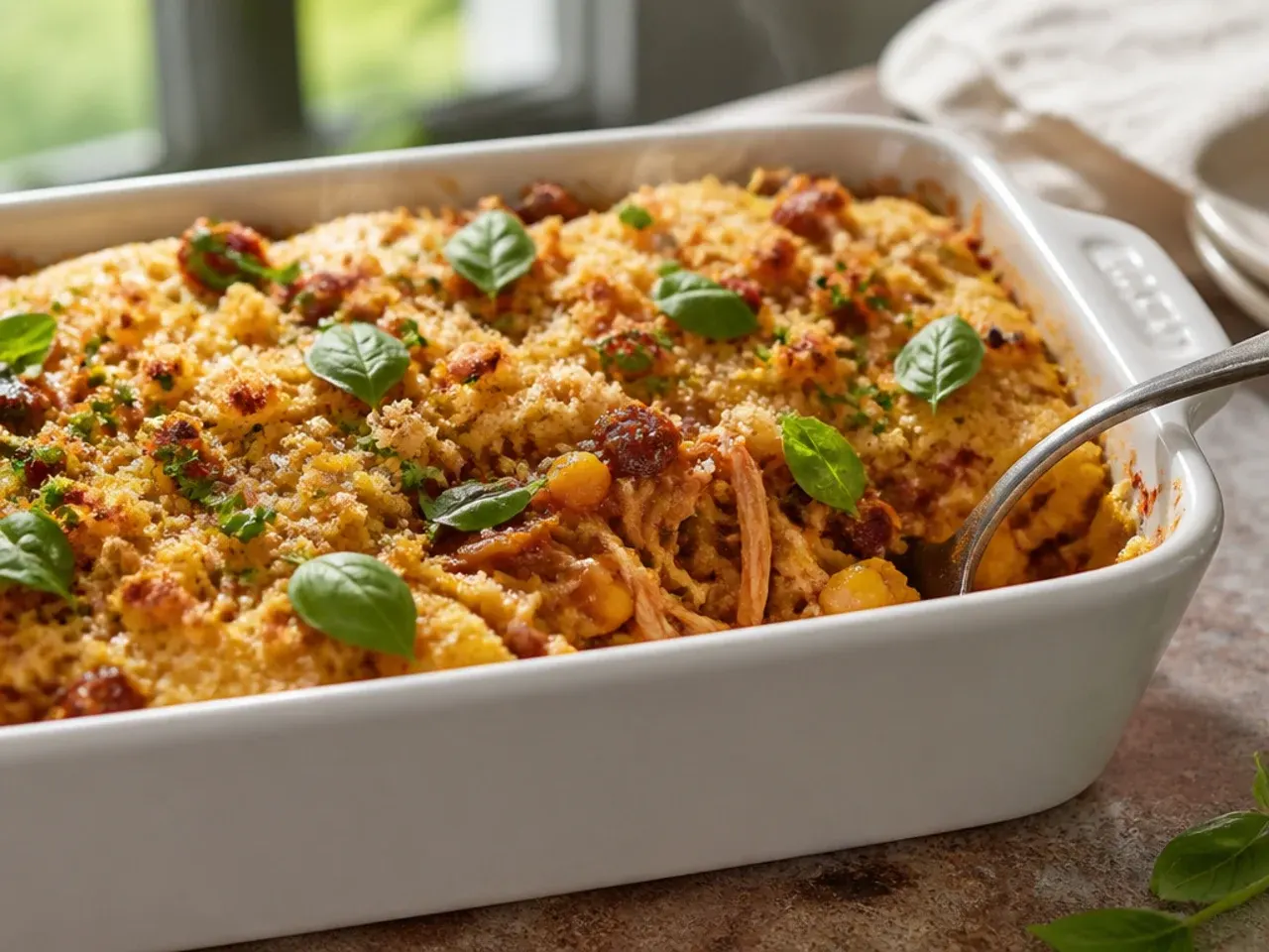 A baking dish of cornbread casserole with a layer of pulled pork visible underneath a golden top