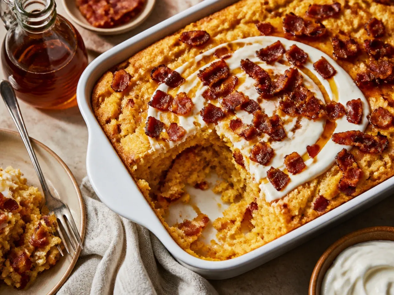 A maple syrup glazed cornbread casserole studded with crisp bacon pieces