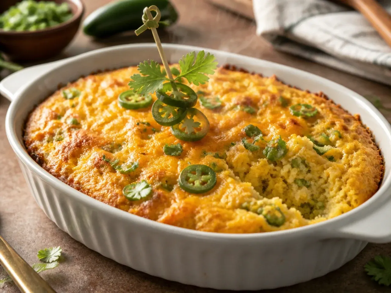 A bubbling cheesy green chilli cornbread casserole fresh from the oven