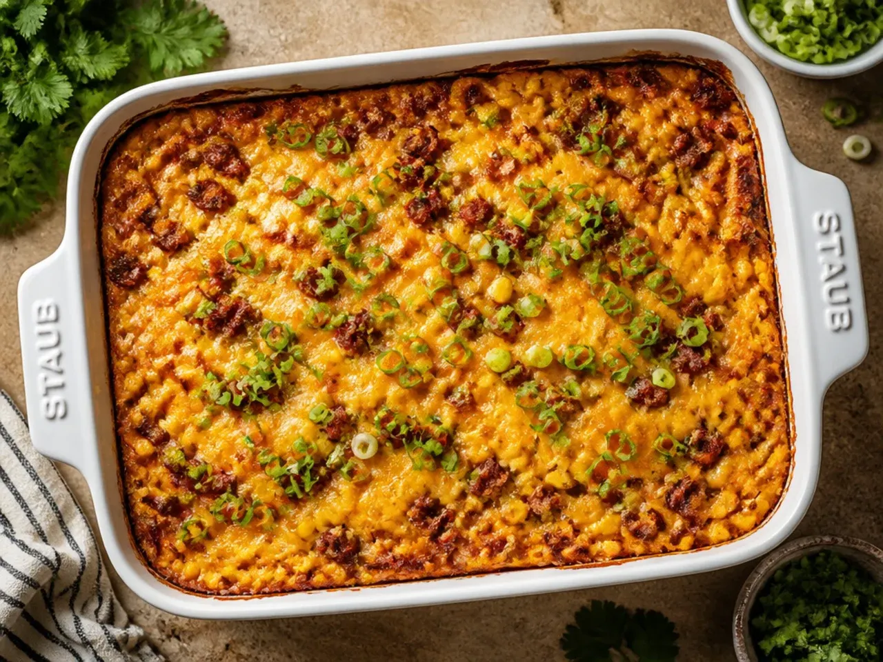 A chorizo-flecked cornbread casserole with a deep golden-orange colour throughout