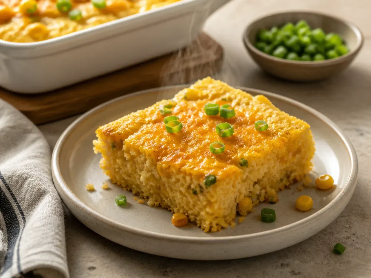 A plate of cornbread casserole served alongside a bowl of chilli and coleslaw