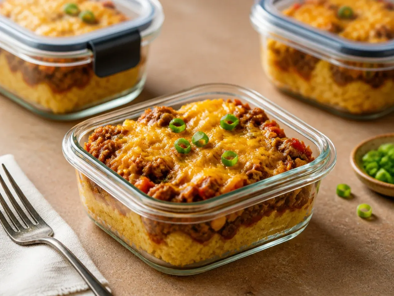 Individually wrapped portions of cornbread casserole ready for the freezer
