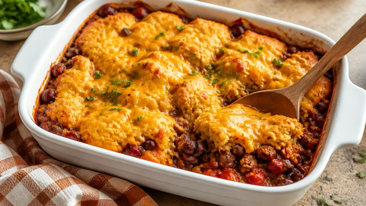 A baking dish of cornbread chili casserole with a golden cornbread crust cracked open to show the spiced chili filling underneath