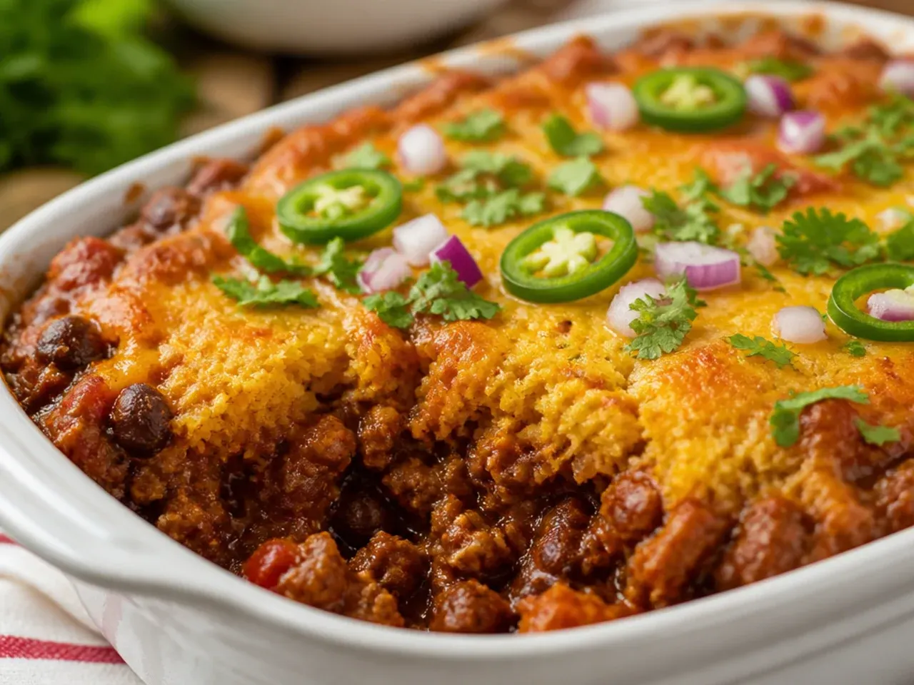 Overhead shot of a family table with a freshly baked cornbread chili casserole in the centre