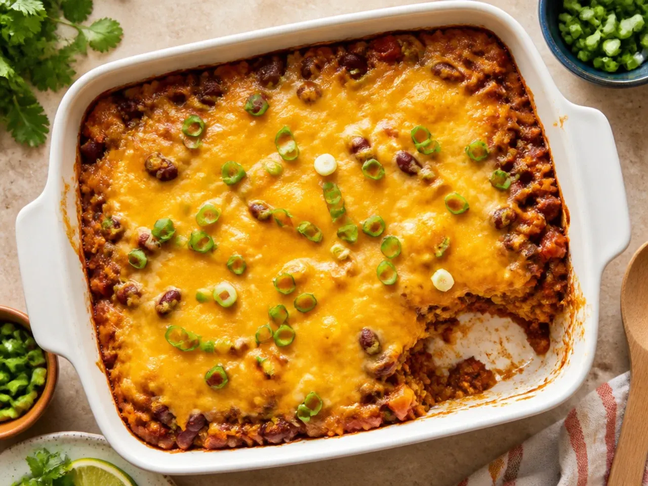 Classic cornbread chili casserole fresh from the oven with a golden cracked top