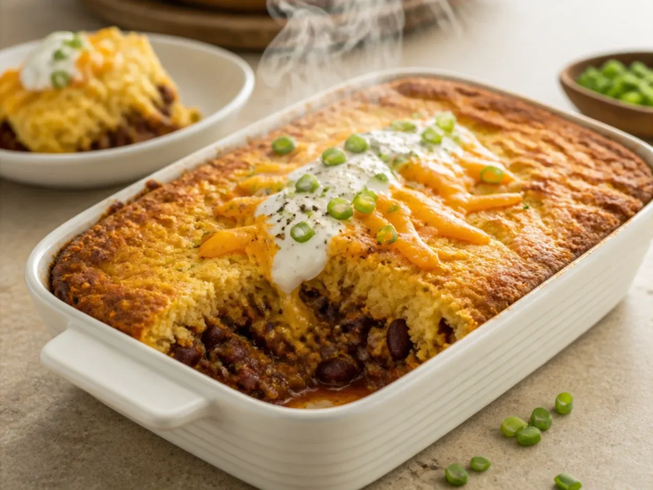 Quick cornbread chili casserole made with tinned chili and boxed cornbread mix