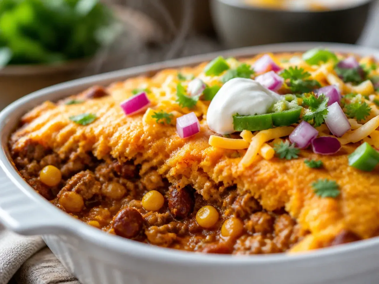 Cozy spiced cornbread chili casserole with sweet potato in a rustic baking dish