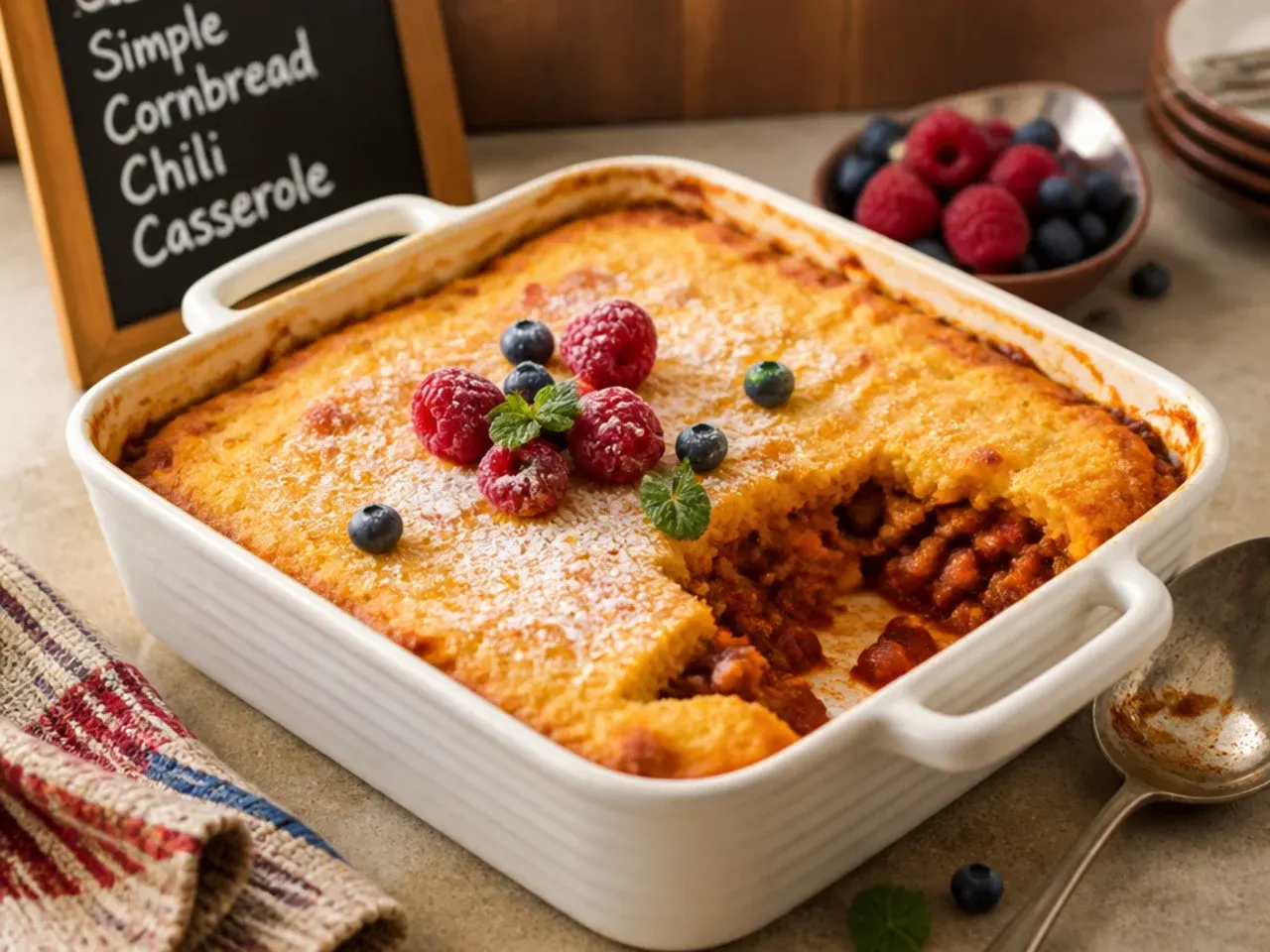 Simple five-ingredient cornbread chili casserole in a white ceramic dish