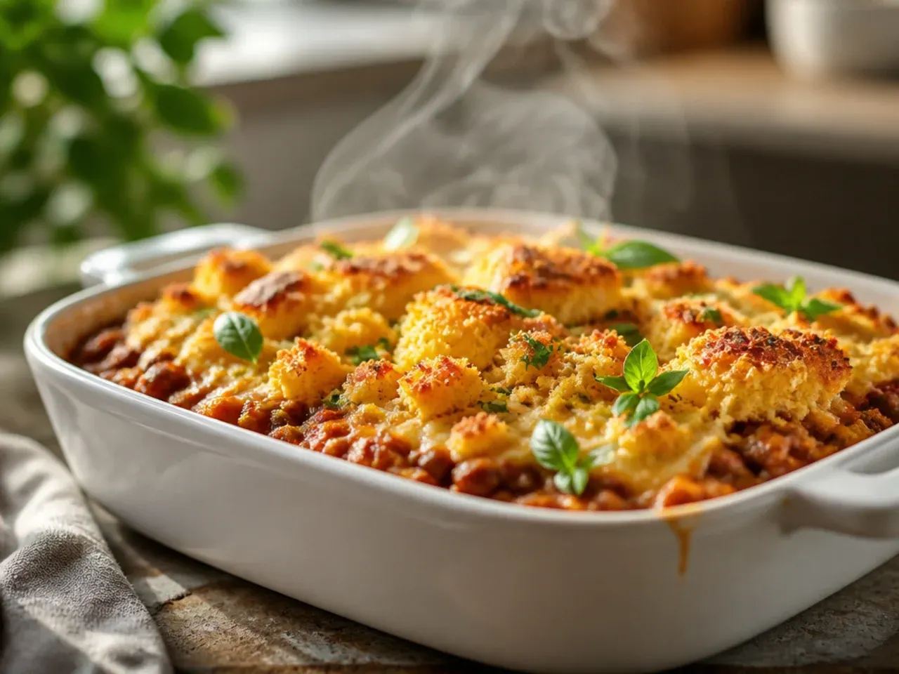 Creamy cornbread chili casserole with a spoon lifting a cheesy, saucy portion