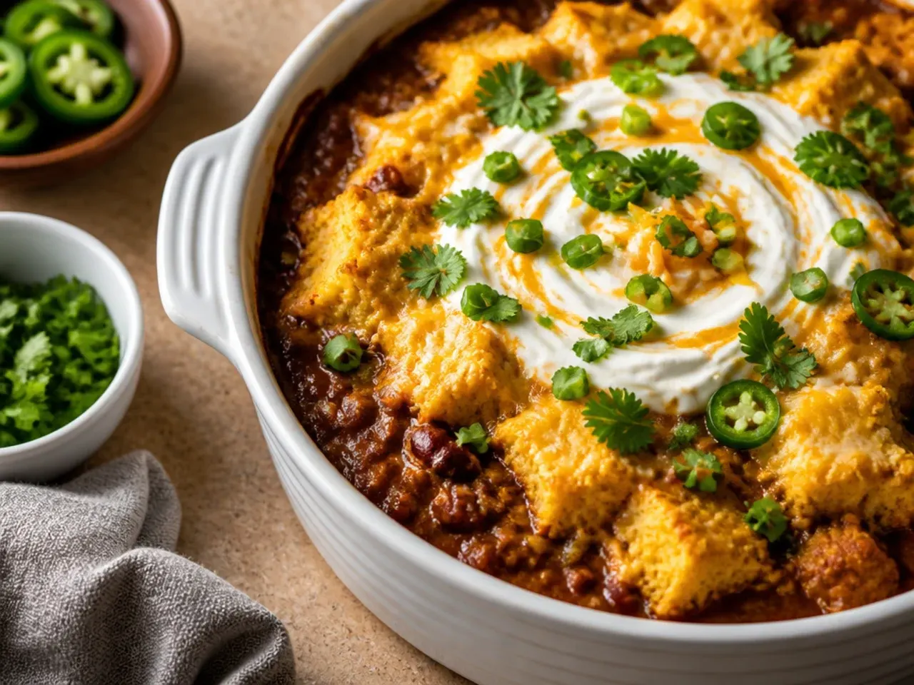 Loaded cornbread chili casserole topped with soured cream, jalapenos and spring onion
