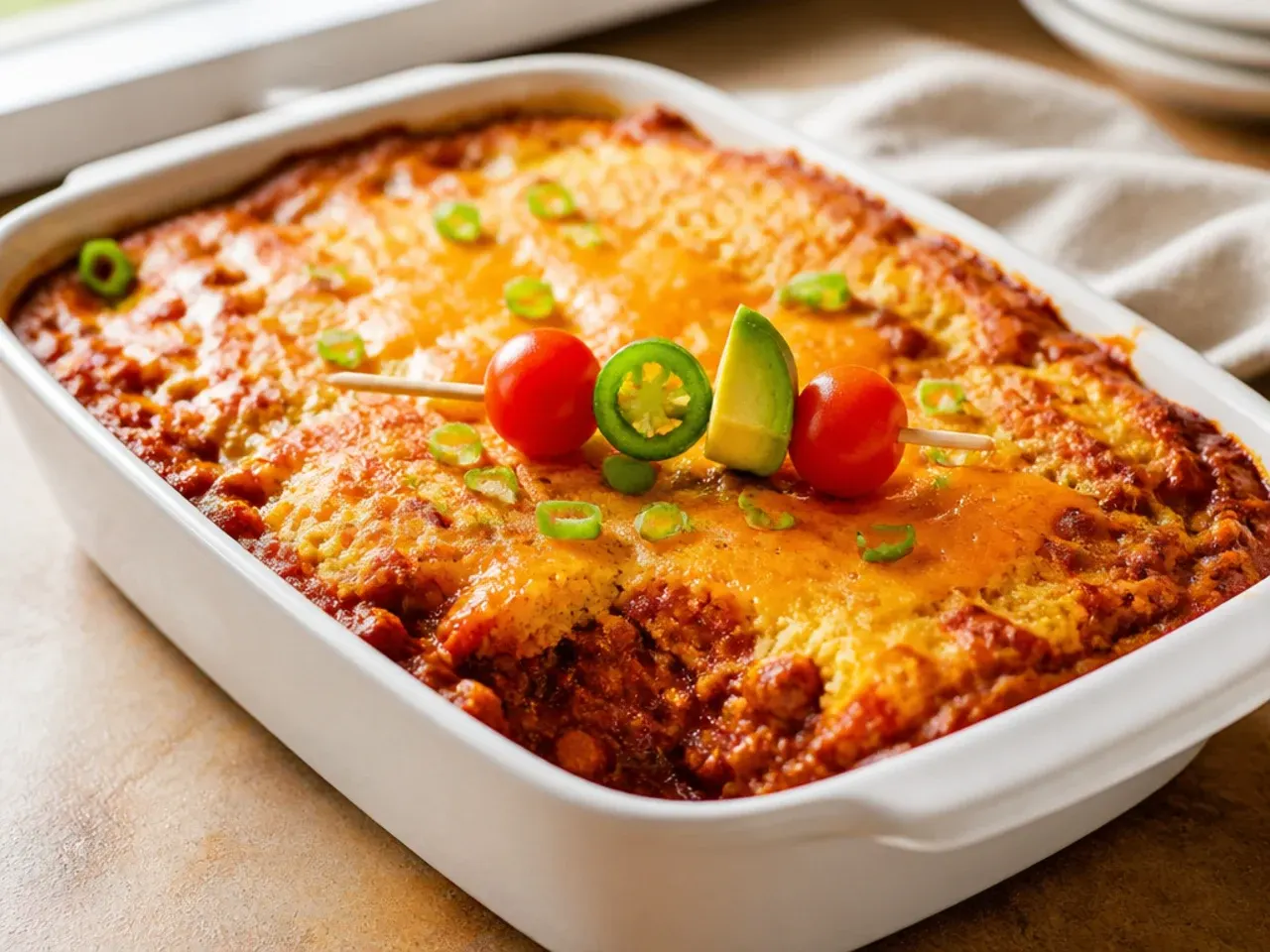 Rich best-ever cornbread chili casserole with deeply browned filling and cheesy cornbread top