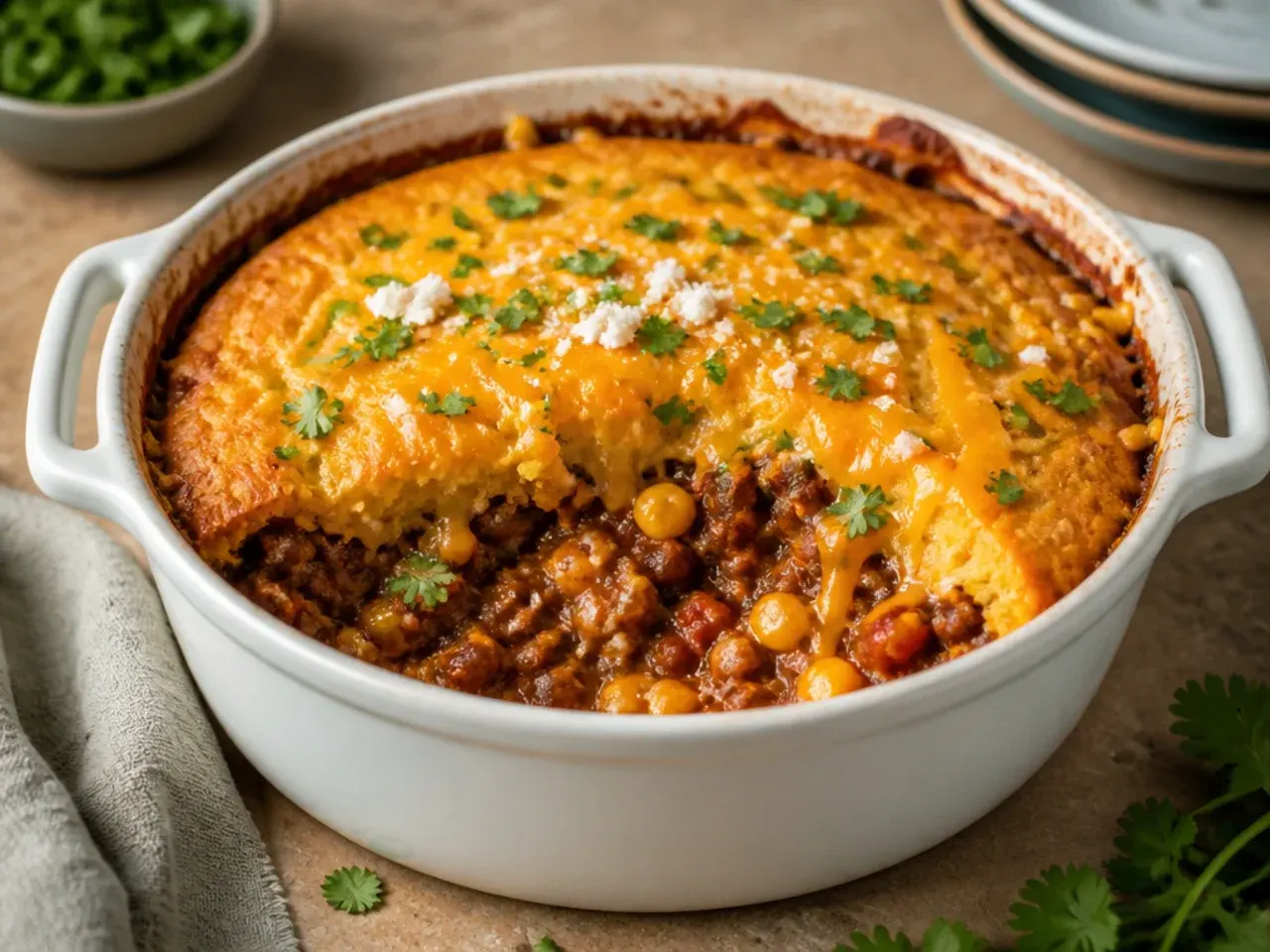 Cheesy cornbread chili casserole with melted cheddar bubbling over the golden crust