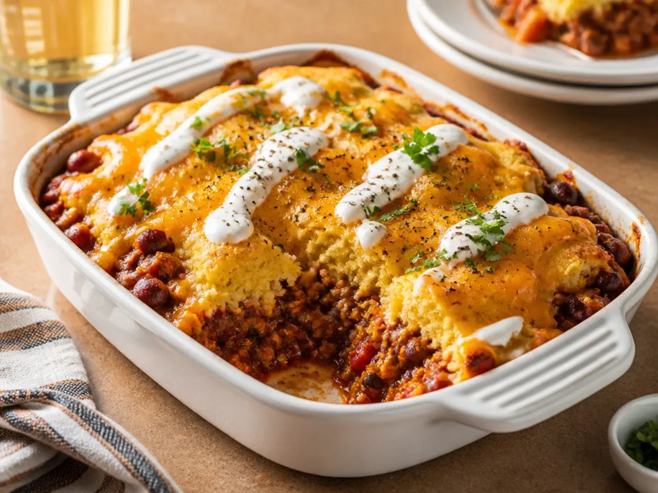 Large crowd-pleasing cornbread chili casserole in a big baking dish ready to serve