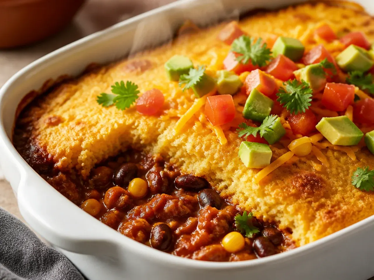Make-ahead cornbread chili casserole with filling prepared in advance in a storage container