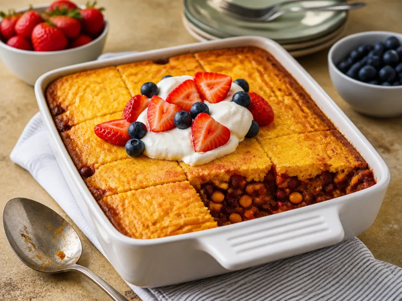 Family-friendly mild cornbread chili casserole with hidden vegetables in the filling