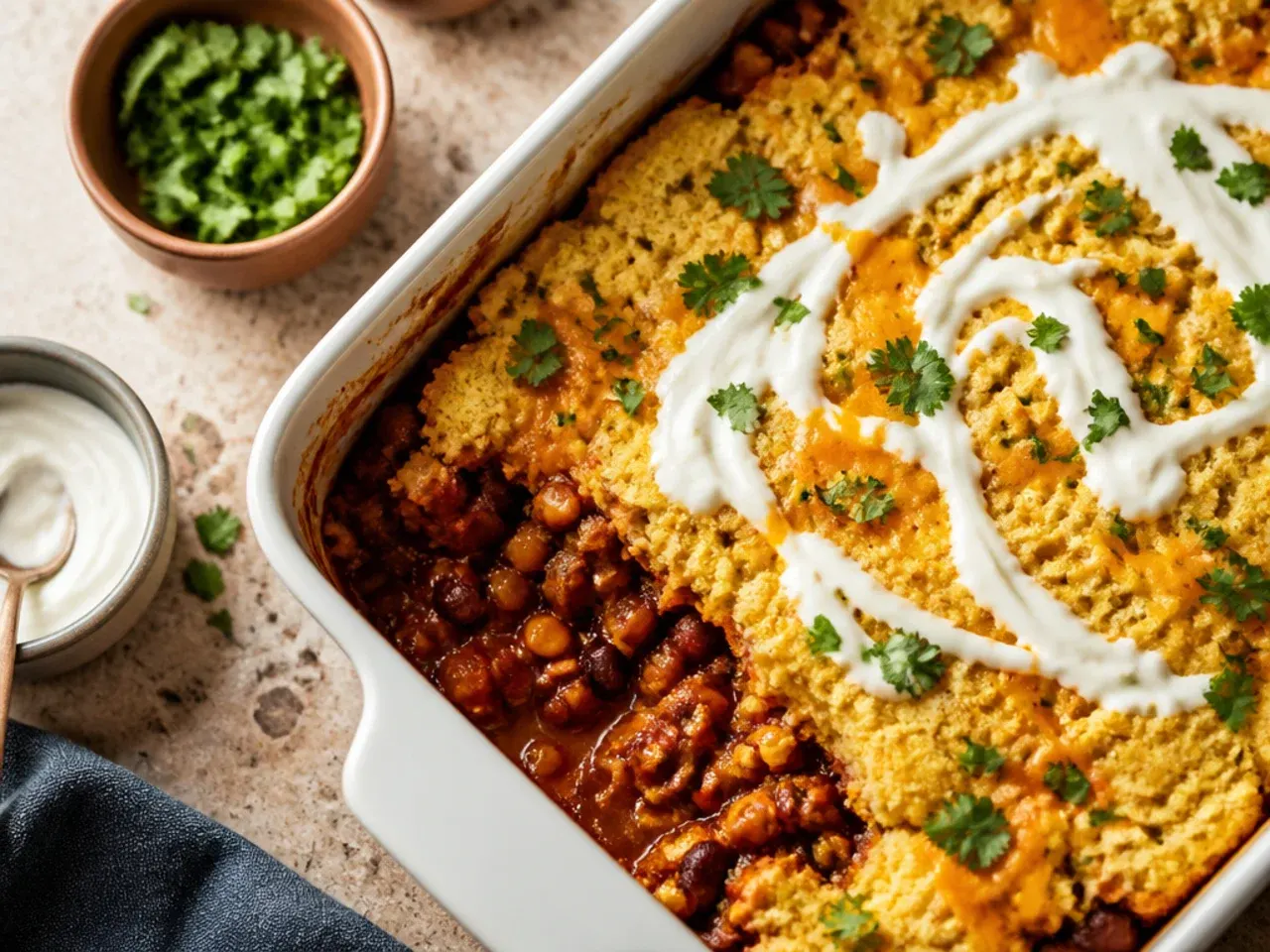 Quick weeknight cornbread chili casserole made with shredded chicken