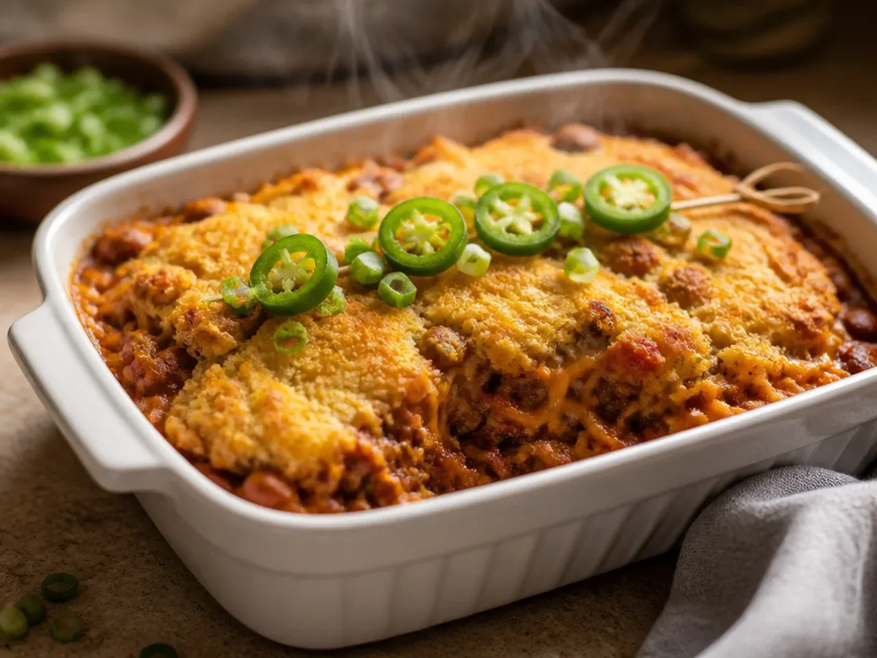 Homemade cornbread chili casserole made entirely from scratch with a rich buttermilk cornbread topping