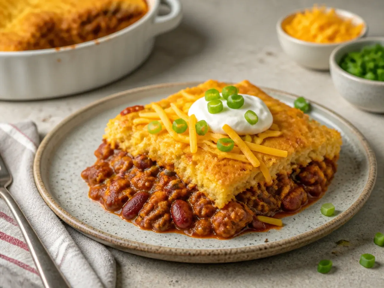 A plated serving of cornbread chili casserole with salad and soured cream on the side