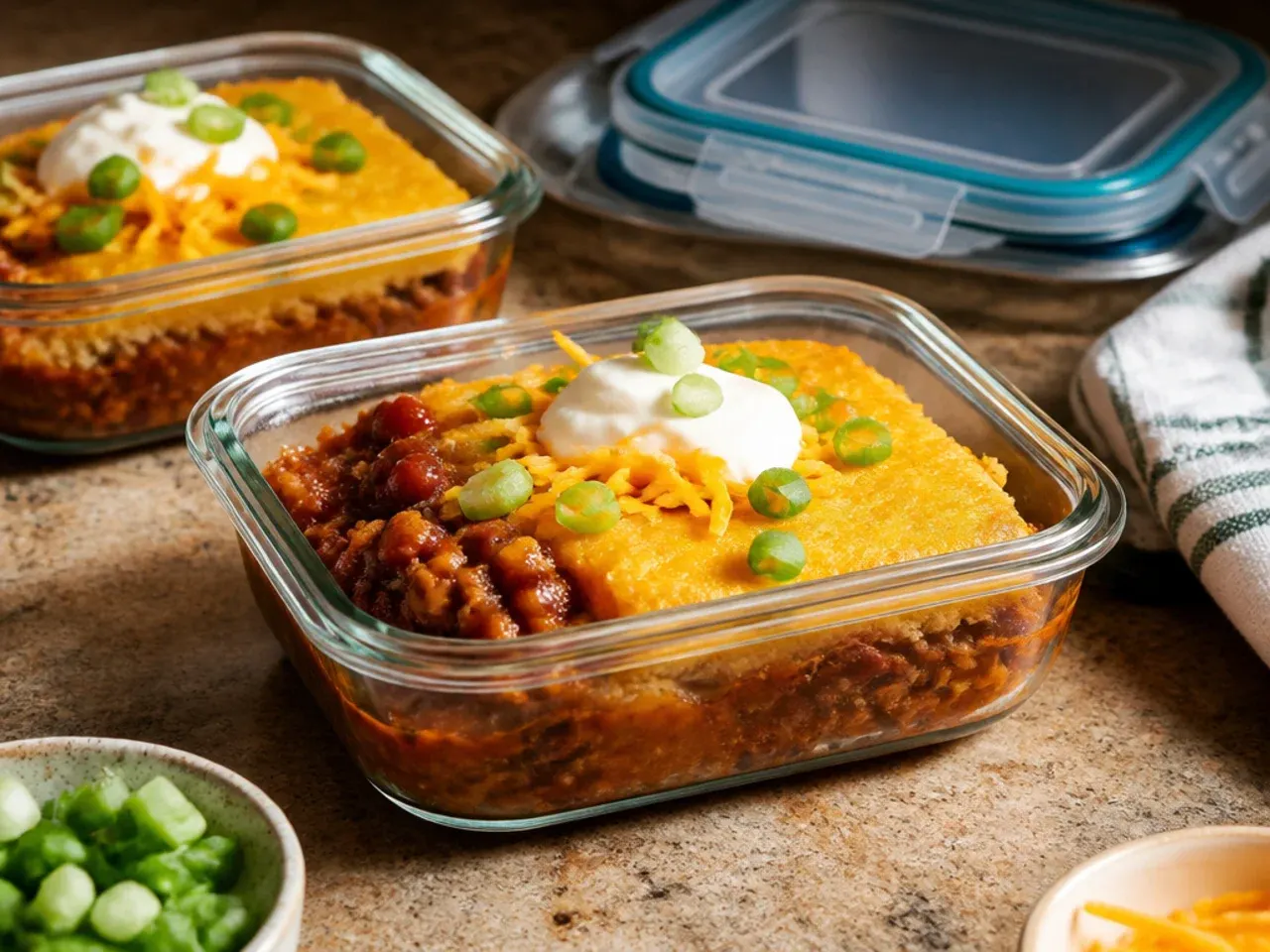 Cornbread chili casserole leftovers stored in an airtight container in the fridge