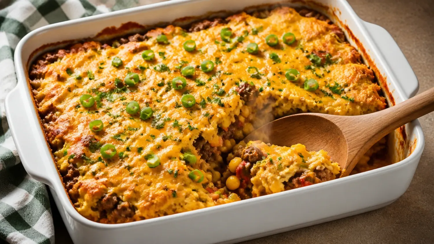A baking dish of cornbread cowboy casserole with a golden cornbread crust cracked open to reveal a bubbling beef, bean and sweetcorn filling underneath