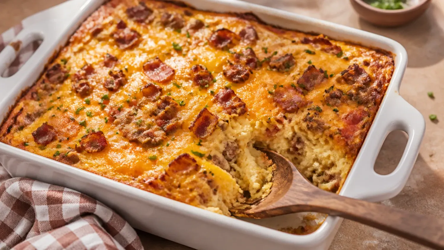 A baking dish of golden cowboy breakfast casserole with crispy hash browns, melted cheddar and sausage, fresh out of the oven