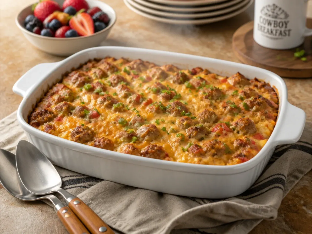 Cowboy breakfast casserole resting in its dish on a wire rack before being sliced