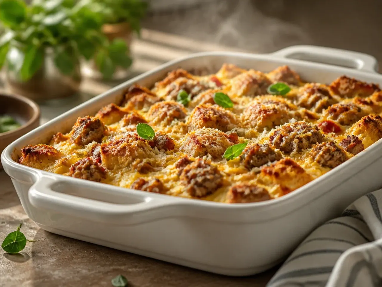 A knife inserted into the centre of a baked casserole checking for doneness
